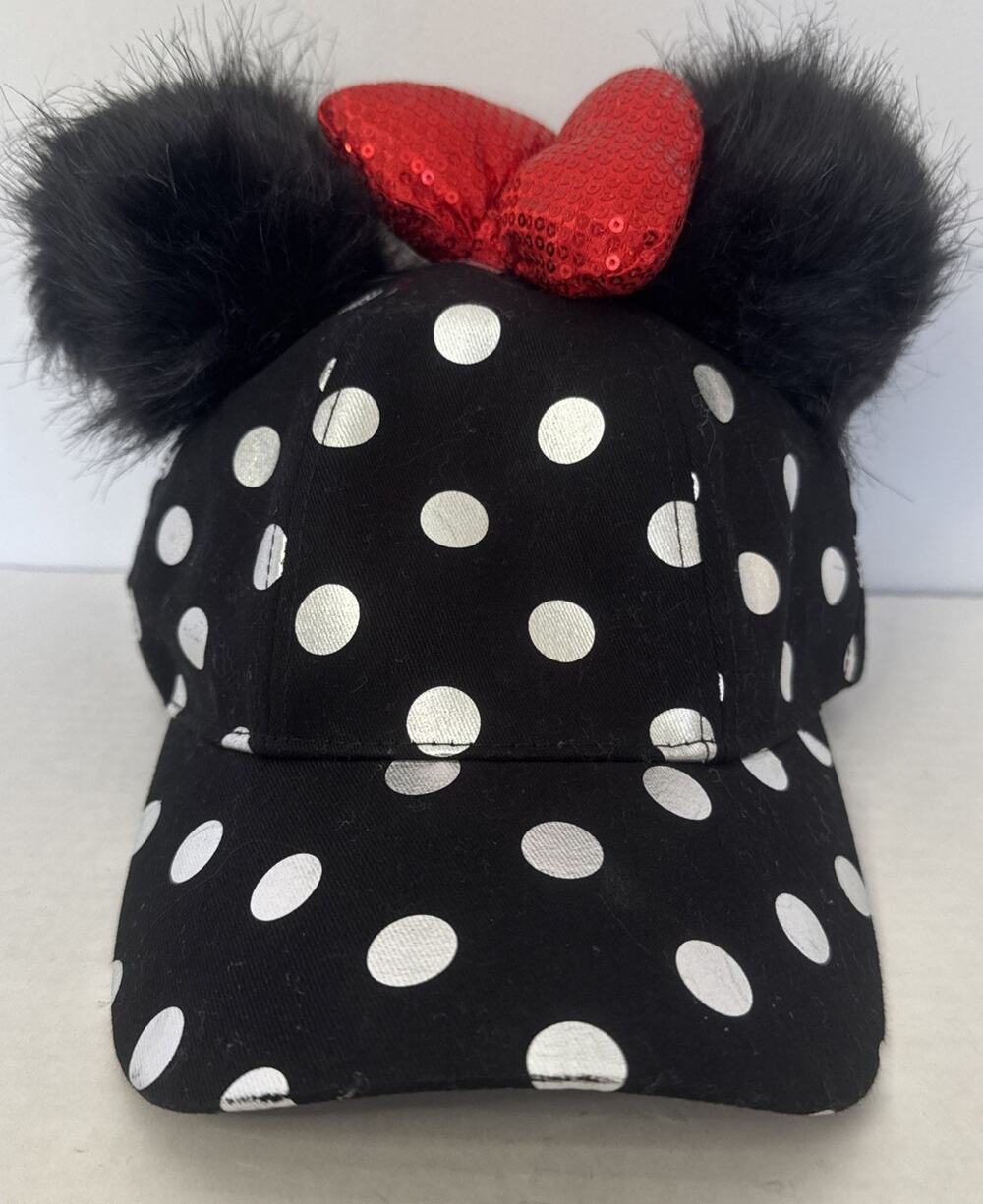 MINNIE MOUSE Hat Cap Adult Sequin Bow Fur Ears Silver Dots Black